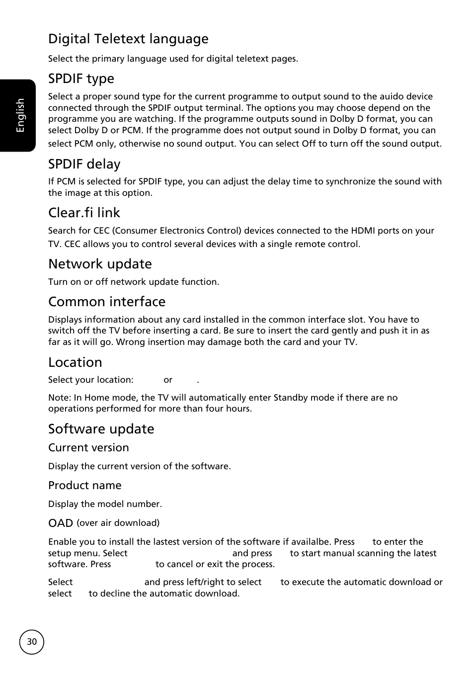 Digital teletext language, Spdif type, Spdif delay | Clear.fi link, Network update, Common interface, Location, Software update | Acer AT3228ML User Manual | Page 30 / 40