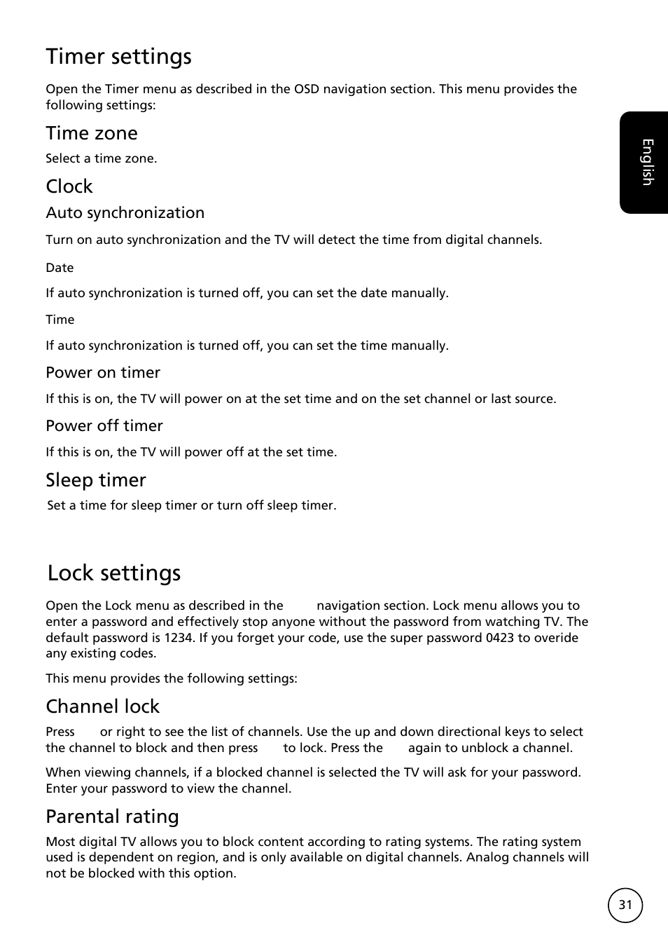 Timer settings, Lock settings, Time zone | Clock, Sleep timer, Channel lock, Parental rating | Acer AT3228ML User Manual | Page 31 / 40