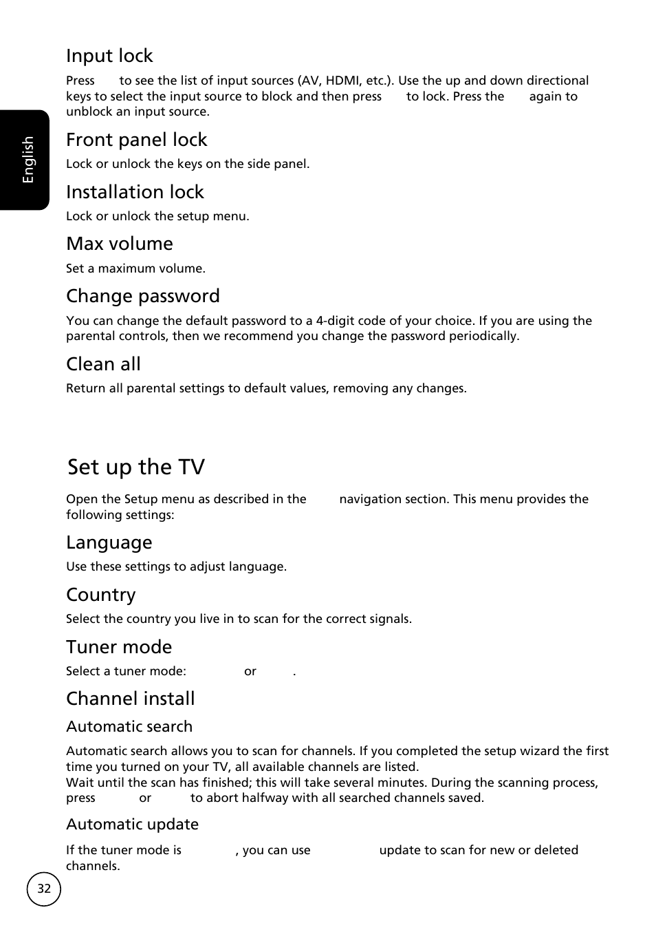 Set up the tv, Input lock, Front panel lock | Installation lock, Max volume, Change password, Clean all, Language, Country, Tuner mode | Acer AT3228ML User Manual | Page 32 / 40