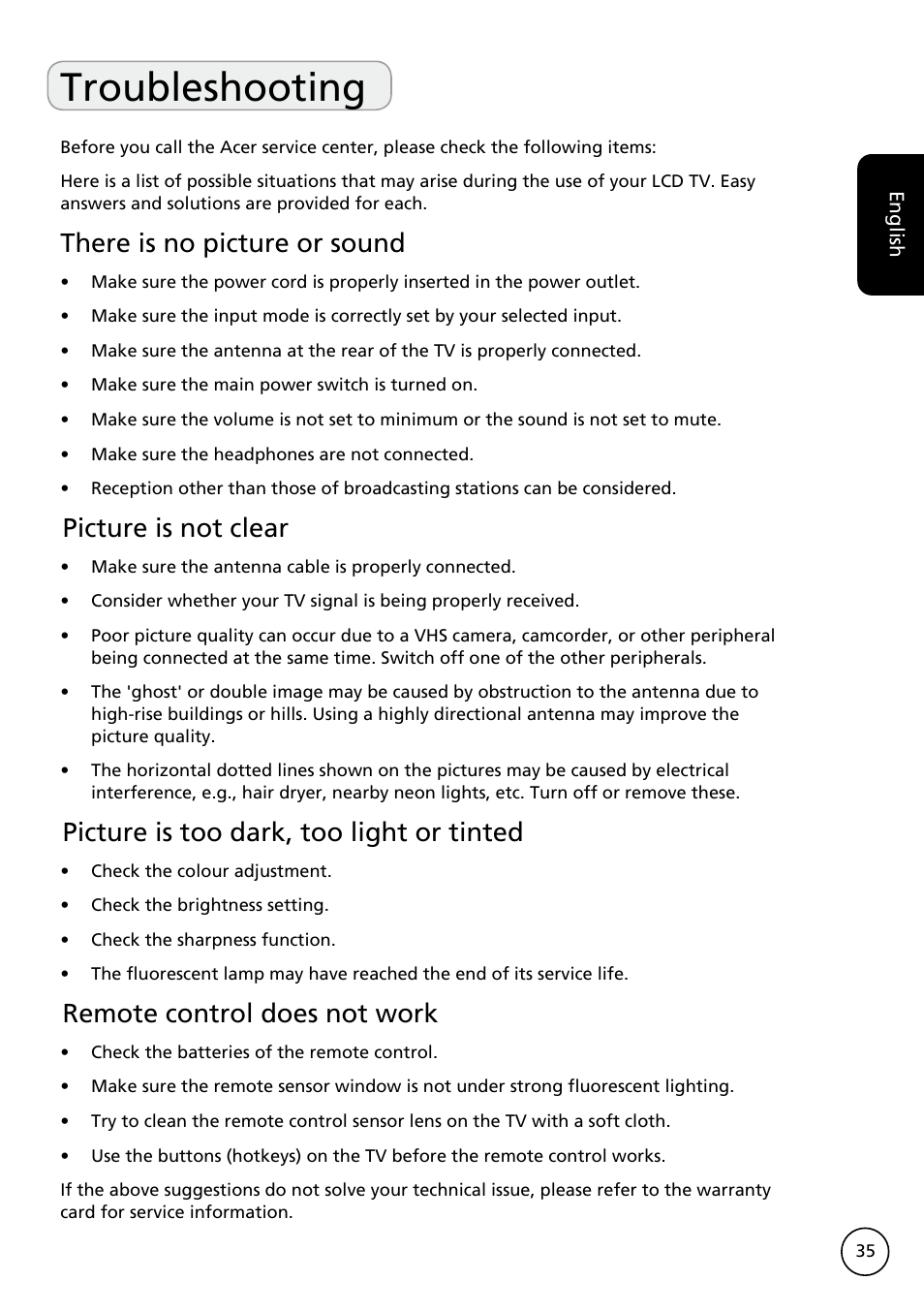 Troubleshooting, There is no picture or sound, Picture is not clear | Picture is too dark, too light or tinted, Remote control does not work | Acer AT3228ML User Manual | Page 35 / 40