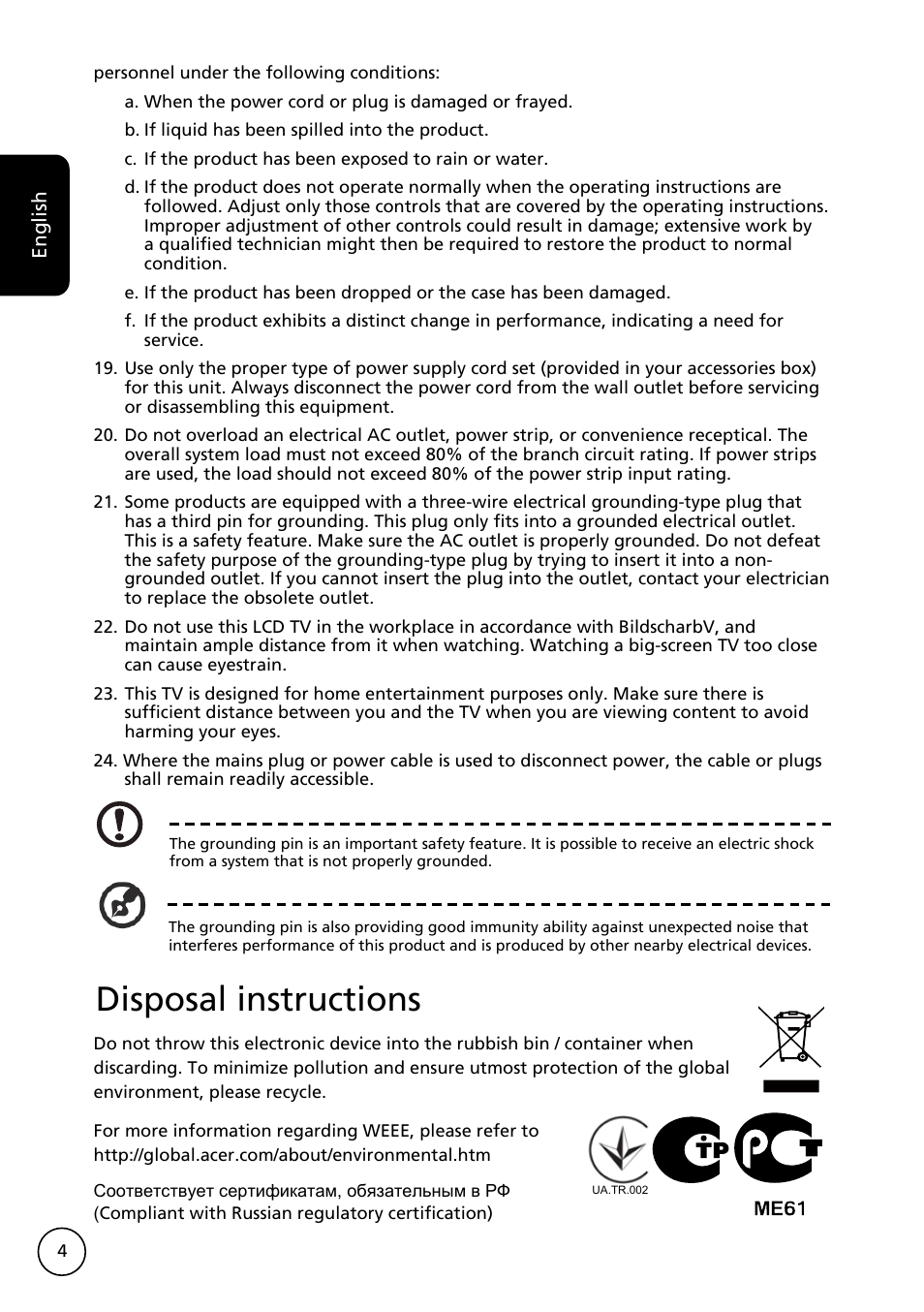 Disposal instructions | Acer AT3228ML User Manual | Page 4 / 40