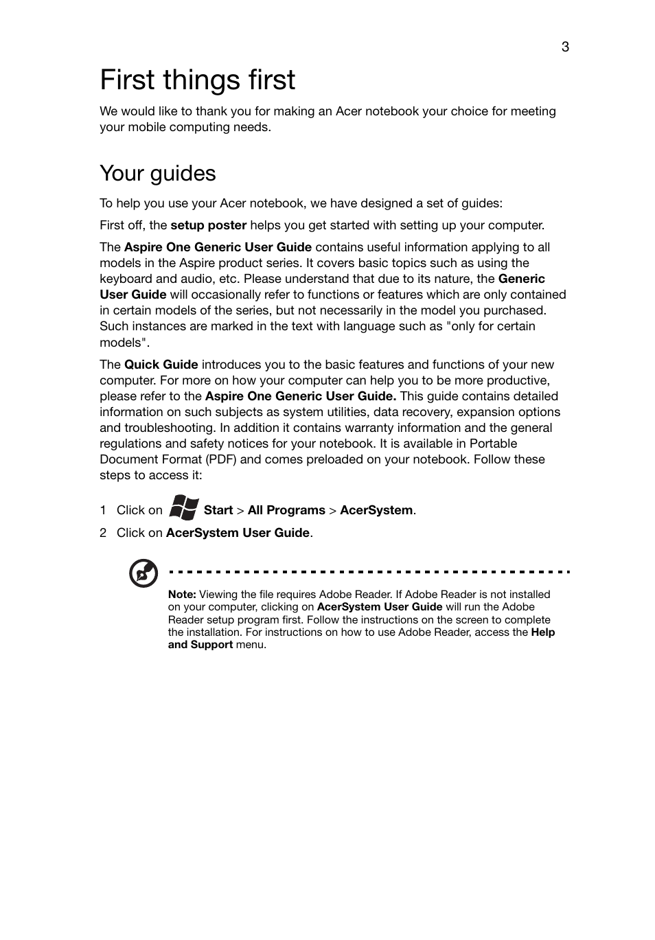 First things first, Your guides | Acer AO725 User Manual | Page 3 / 9