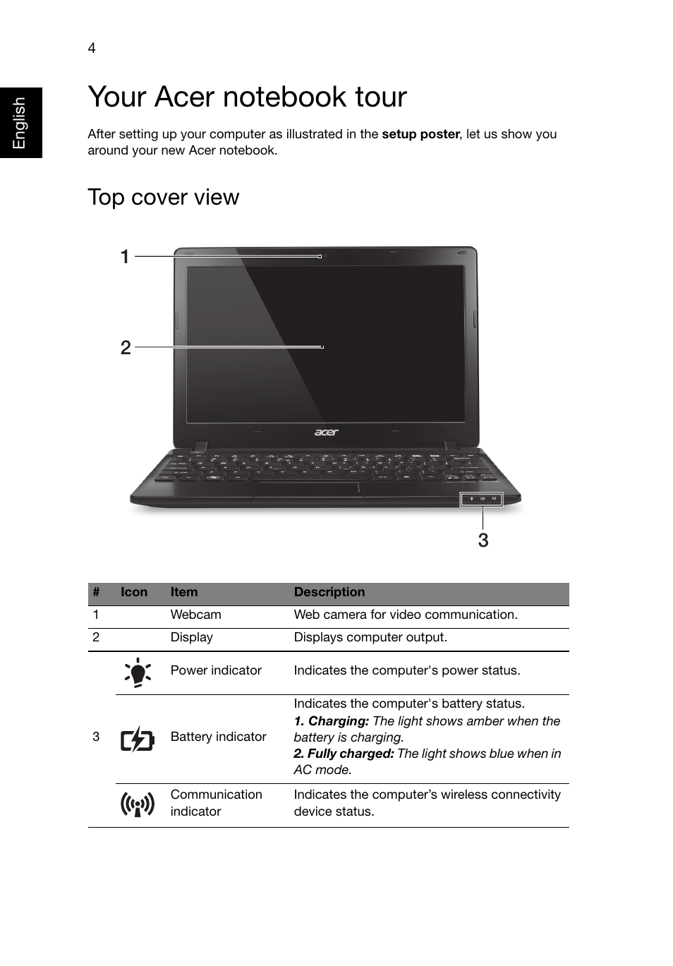 Your acer notebook tour, Top cover view | Acer AO725 User Manual | Page 4 / 9