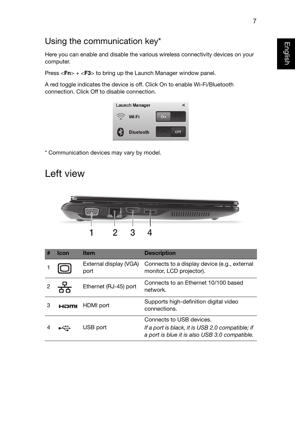 Left view, Using the communication key | Acer AO725 User Manual | Page 7 / 9