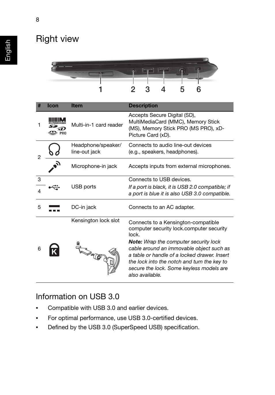 Right view, Information on usb 3.0 | Acer AO725 User Manual | Page 8 / 9