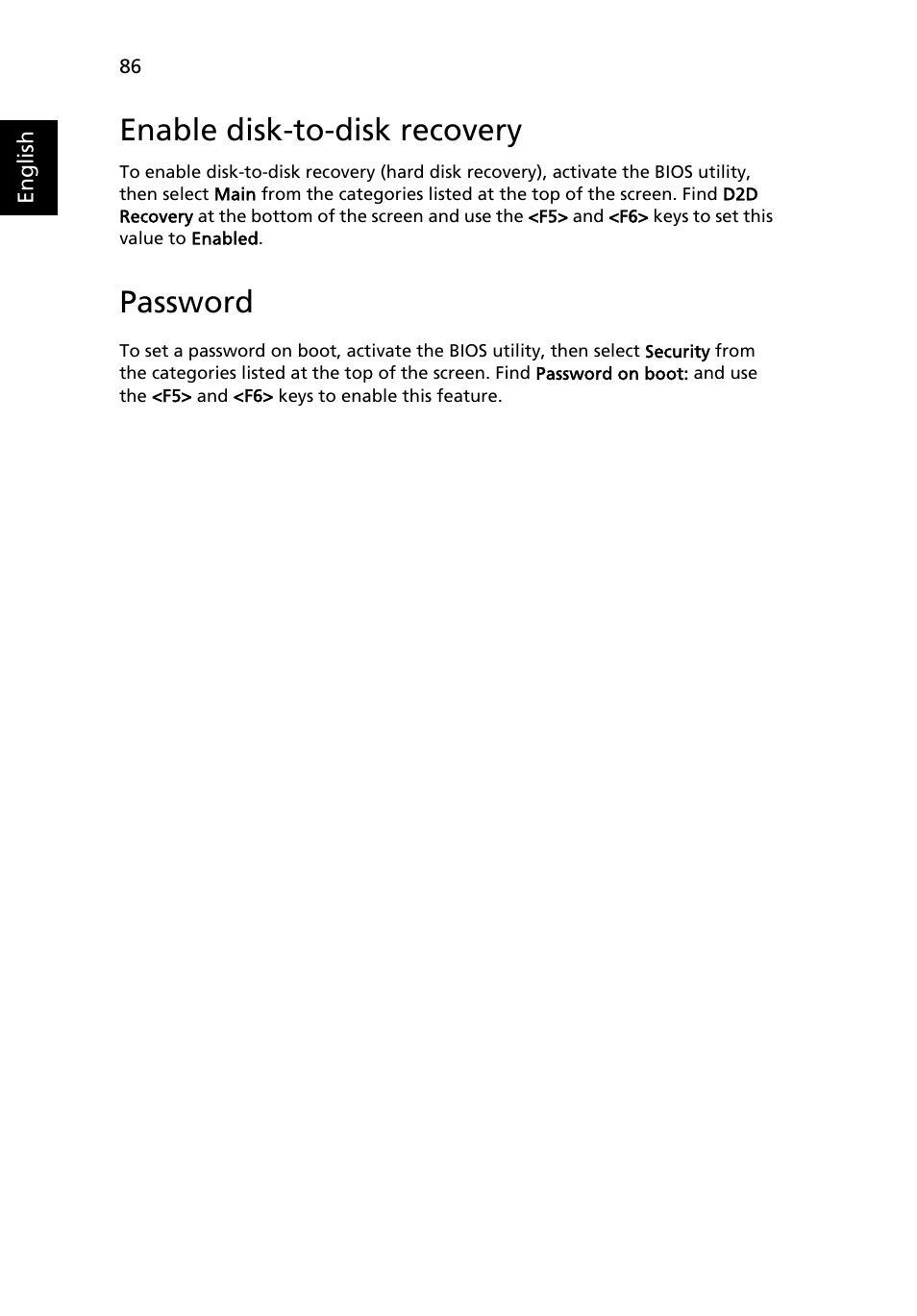 Enable disk-to-disk recovery, Password | Acer Aspire 5580 User Manual | Page 106 / 126