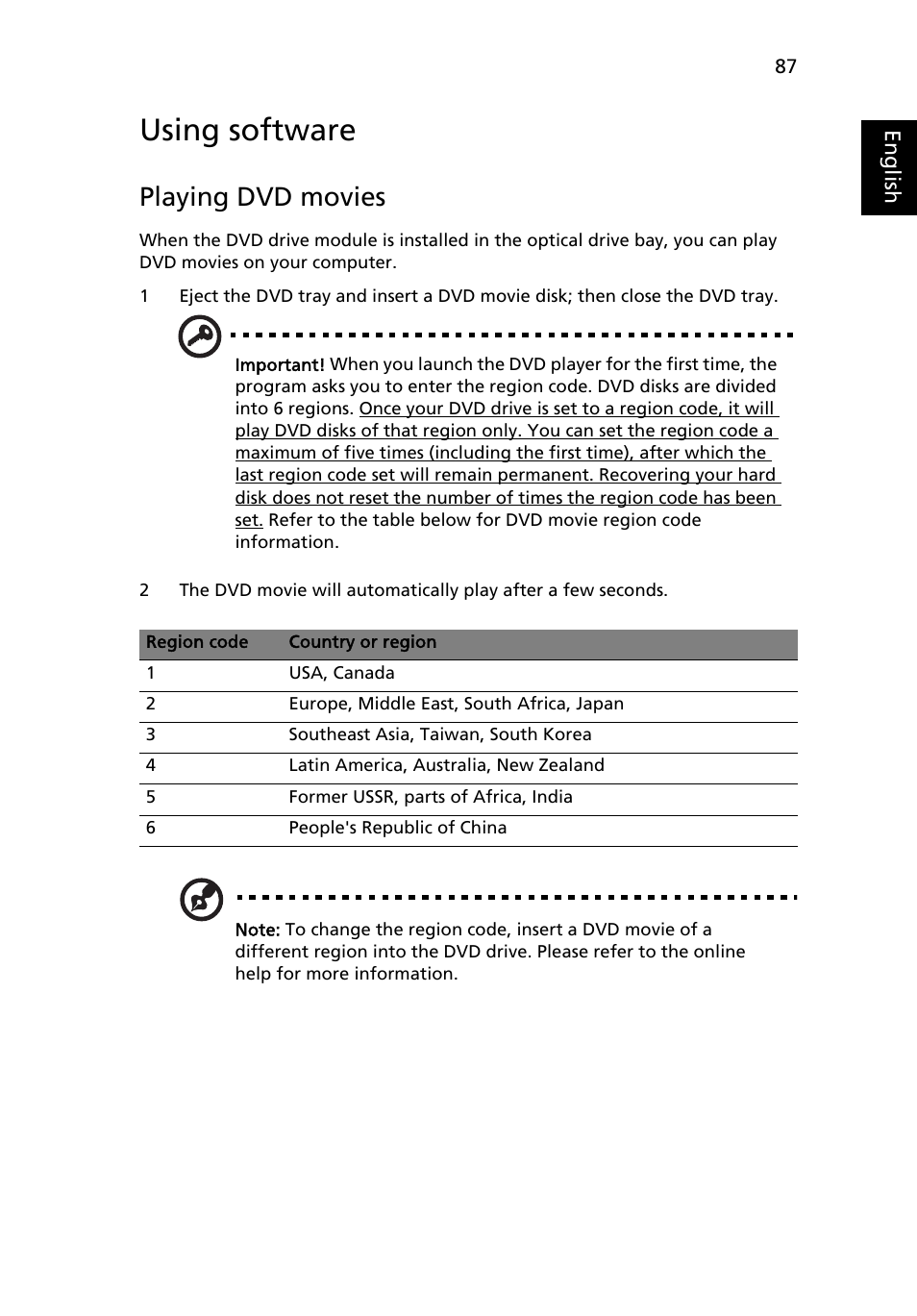 Using software, Playing dvd movies | Acer Aspire 5580 User Manual | Page 107 / 126