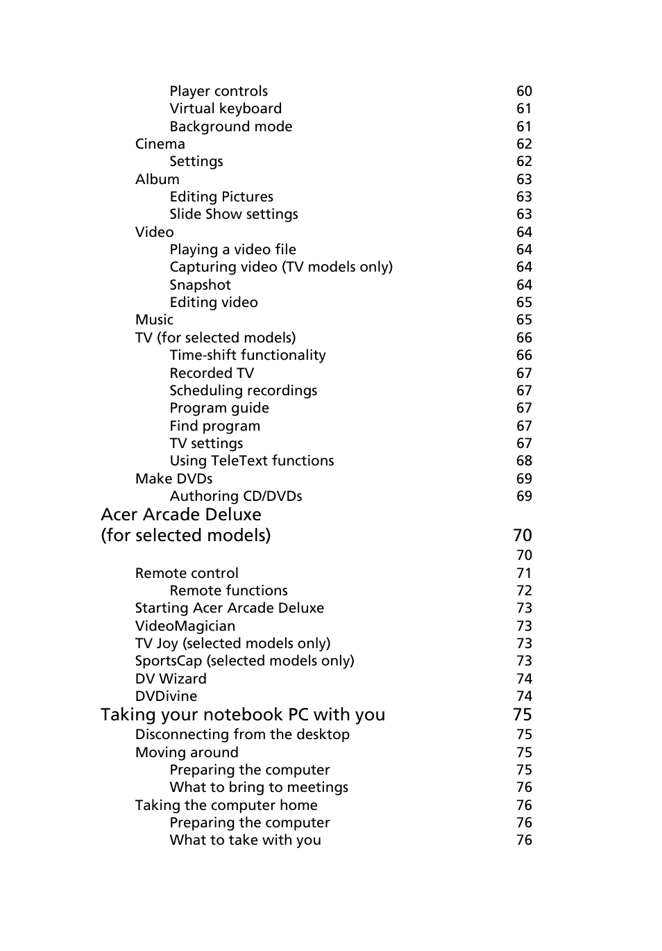 Acer arcade deluxe (for selected models) 70 | Acer Aspire 5580 User Manual | Page 17 / 126