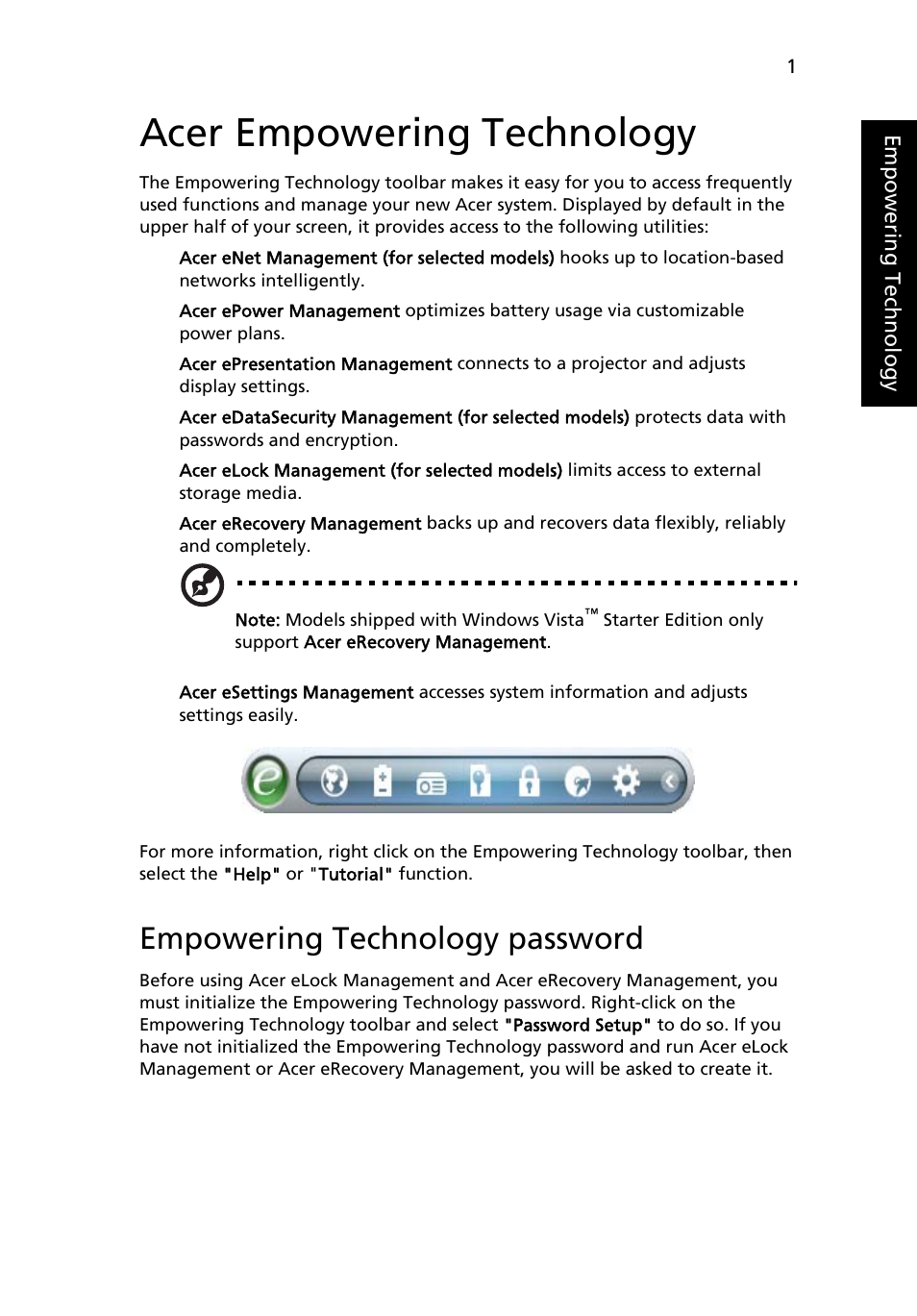 Acer empowering technology, Empowering technology password | Acer Aspire 5580 User Manual | Page 21 / 126