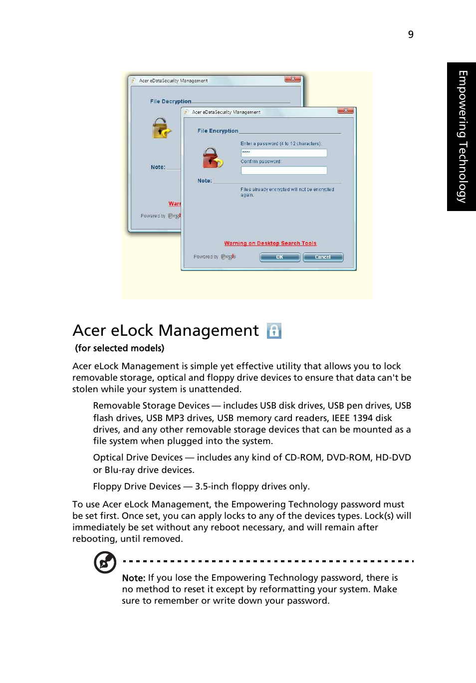 Acer elock management (for selected models), Acer elock management | Acer Aspire 5580 User Manual | Page 29 / 126