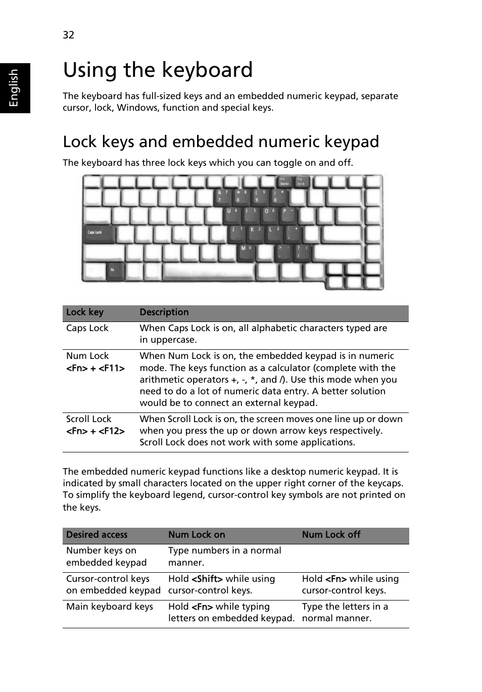 Using the keyboard, Lock keys and embedded numeric keypad | Acer Aspire 5580 User Manual | Page 52 / 126