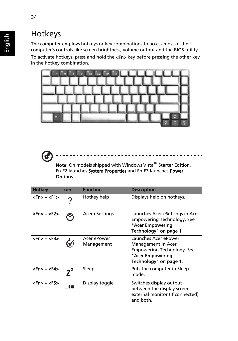 Hotkeys, English | Acer Aspire 5580 User Manual | Page 54 / 126