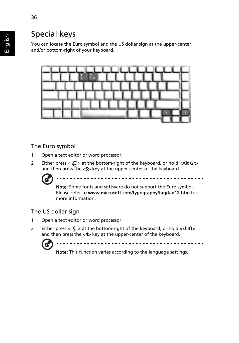 Special keys | Acer Aspire 5580 User Manual | Page 56 / 126