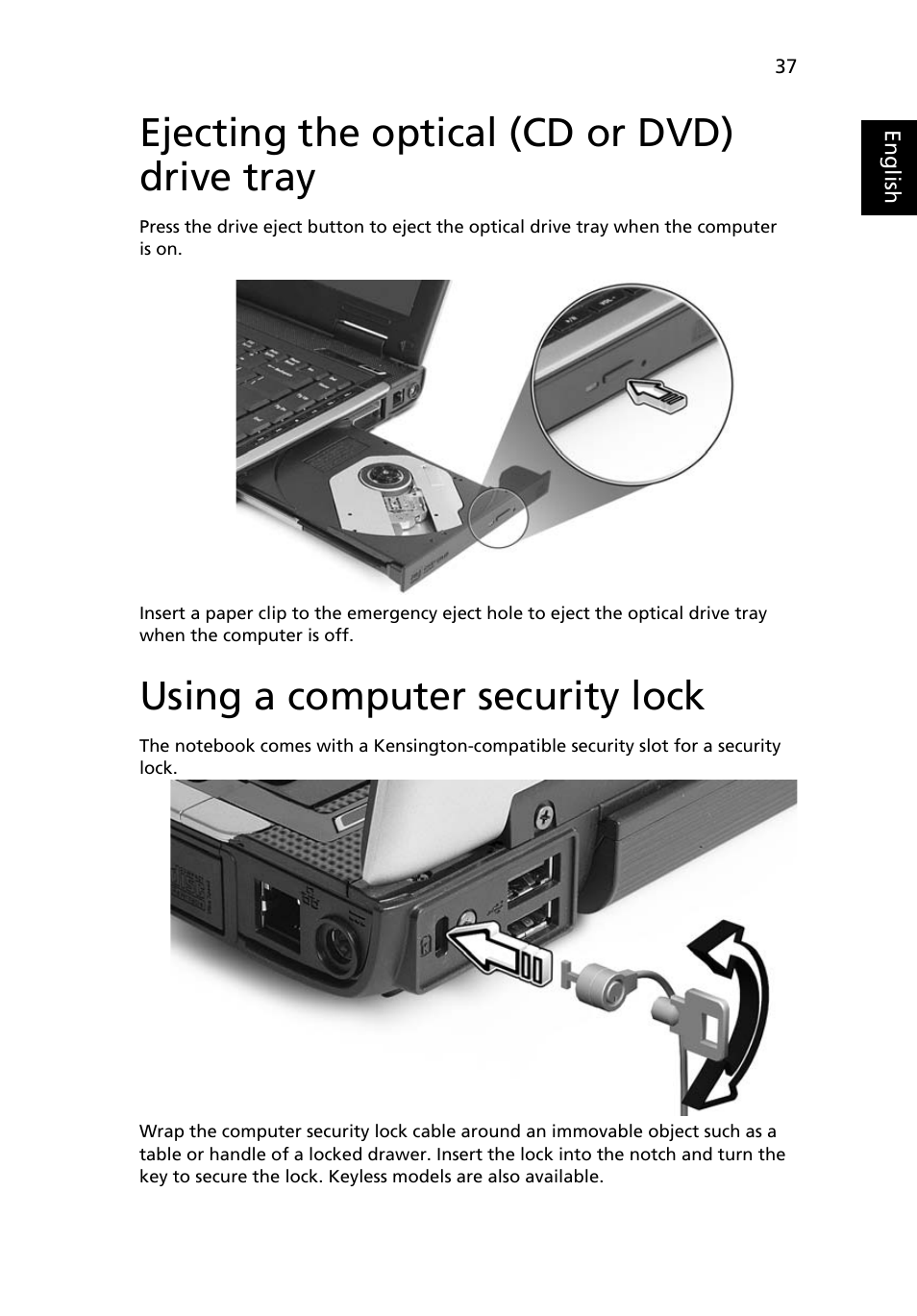 Ejecting the optical (cd or dvd) drive tray, Using a computer security lock | Acer Aspire 5580 User Manual | Page 57 / 126