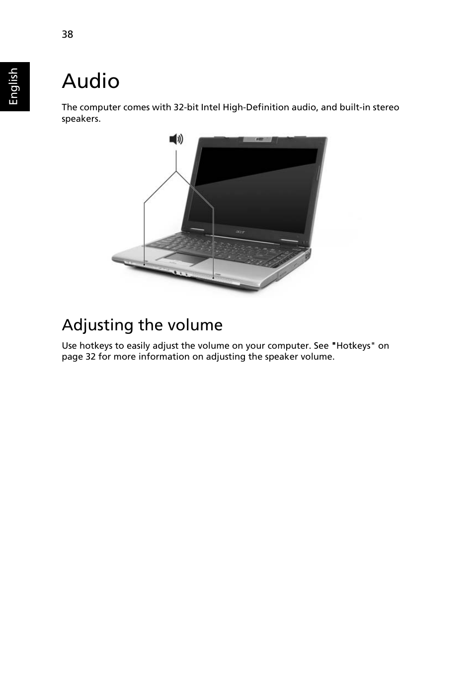 Audio, Adjusting the volume | Acer Aspire 5580 User Manual | Page 58 / 126