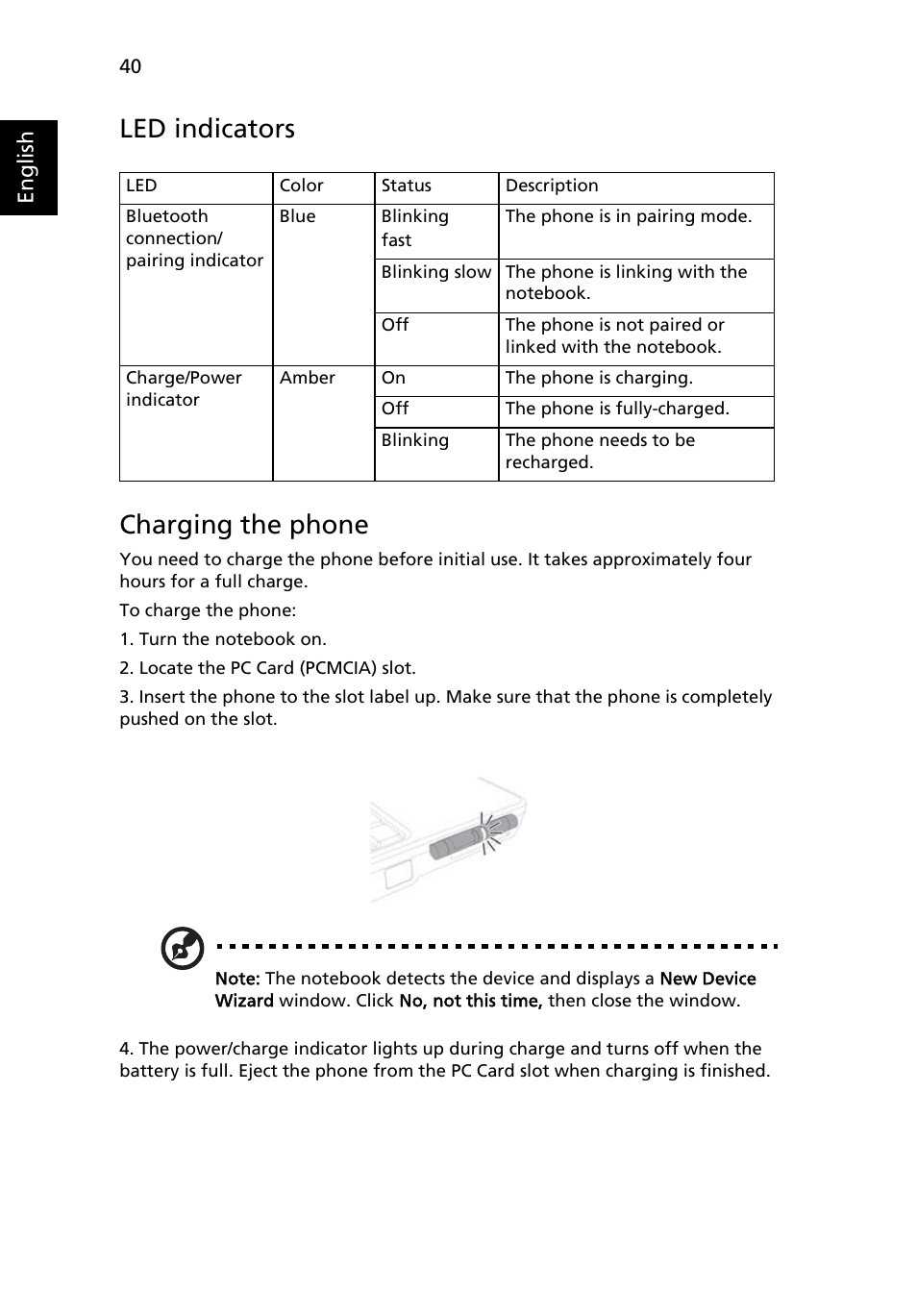 Led indicators, Charging the phone, Led indicators charging the phone | Acer Aspire 5580 User Manual | Page 60 / 126