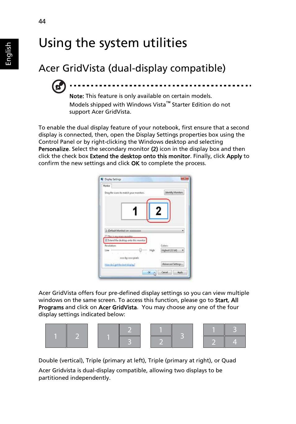 Using the system utilities, Acer gridvista (dual-display compatible) | Acer Aspire 5580 User Manual | Page 64 / 126