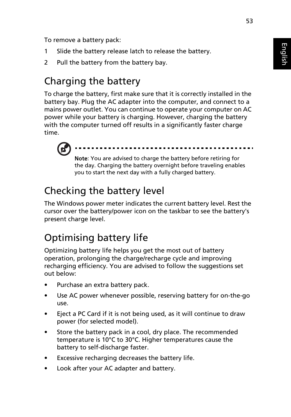 Charging the battery, Checking the battery level, Optimising battery life | Battery-low warning | Acer Aspire 5580 User Manual | Page 73 / 126