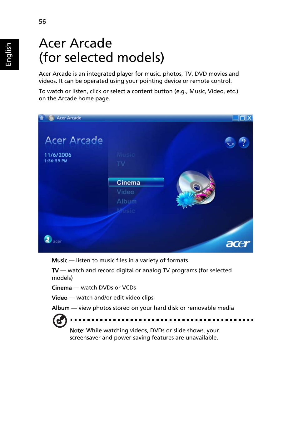 Acer arcade (for selected models), For selected models), Remote control | Acer Aspire 5580 User Manual | Page 76 / 126