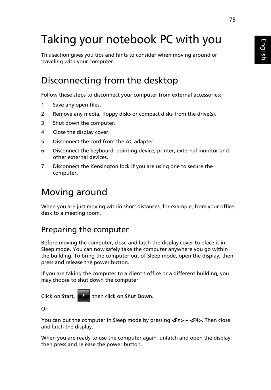 Taking your notebook pc with you, Disconnecting from the desktop, Moving around | Preparing the computer | Acer Aspire 5580 User Manual | Page 95 / 126