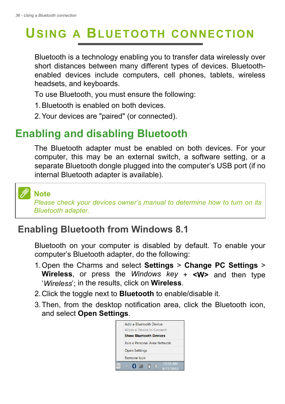 Using a bluetooth connection, Enabling and disabling bluetooth, Enabling bluetooth from windows 8.1 | Sing, Luetooth, Connection | Acer Aspire E1-472 User Manual | Page 36 / 85