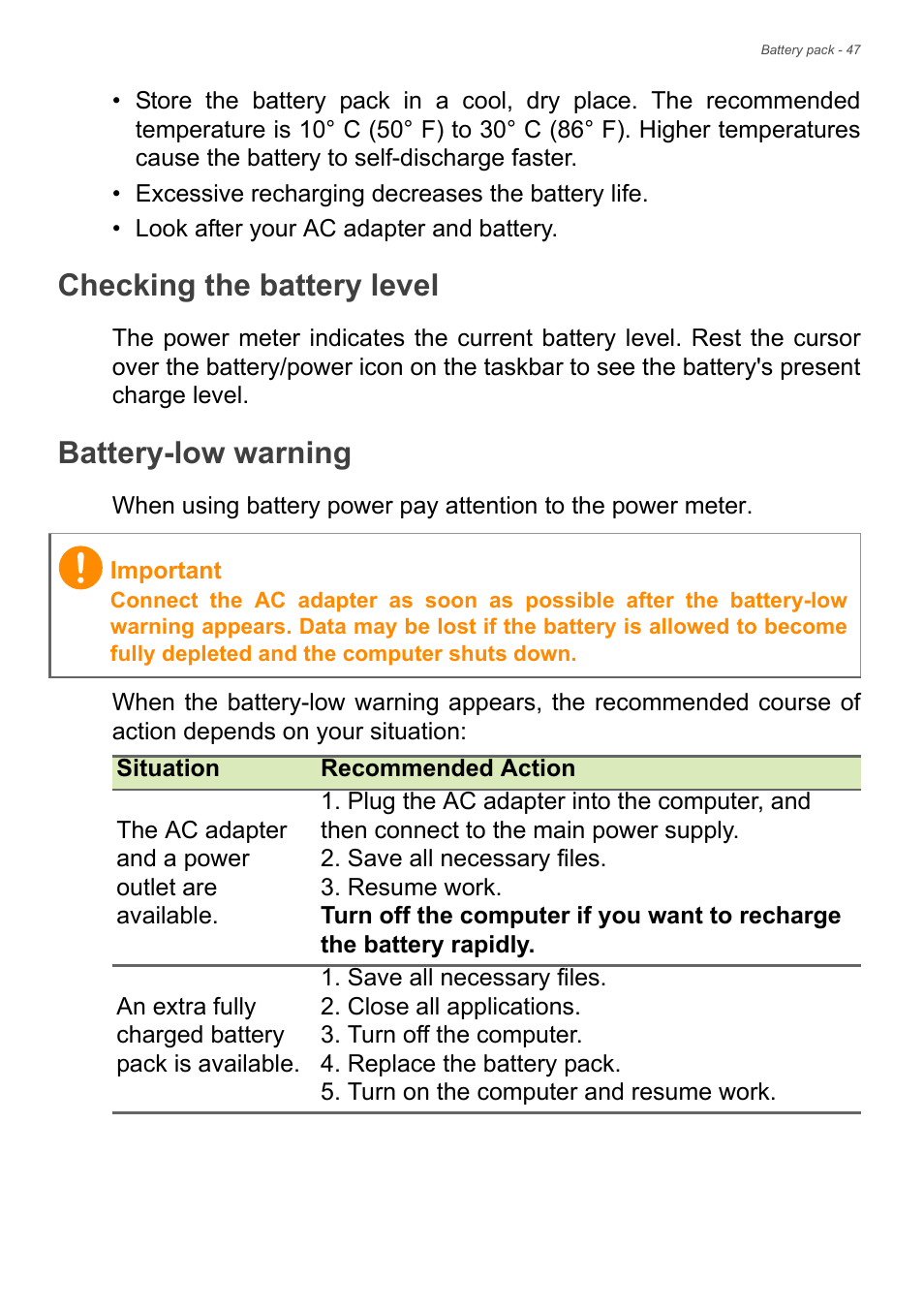 Checking the battery level, Battery-low warning, Checking the battery level battery-low warning | Acer Aspire E1-472 User Manual | Page 47 / 85