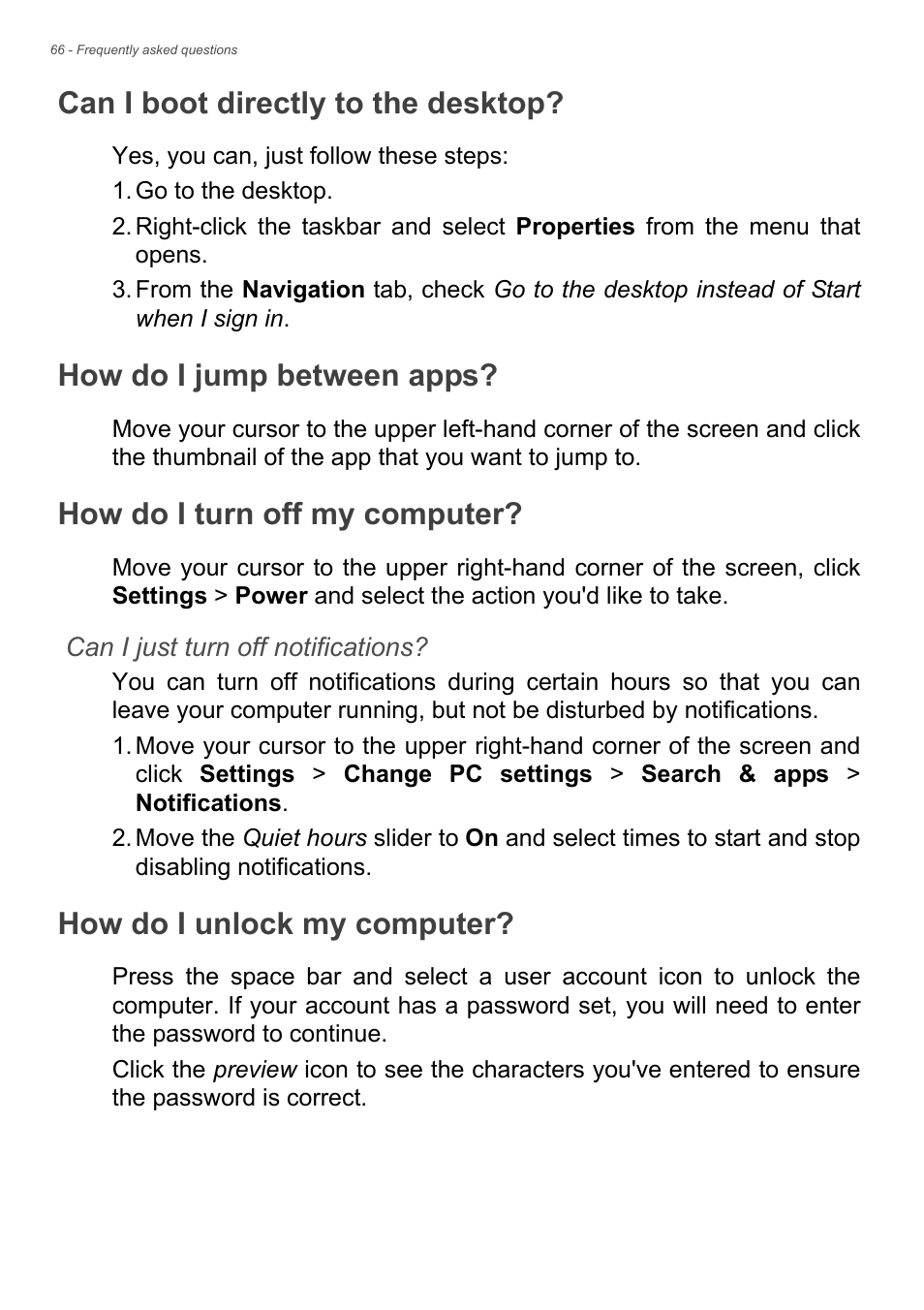 Can i boot directly to the desktop, How do i jump between apps, How do i turn off my computer | How do i unlock my computer | Acer Aspire E1-472 User Manual | Page 66 / 85