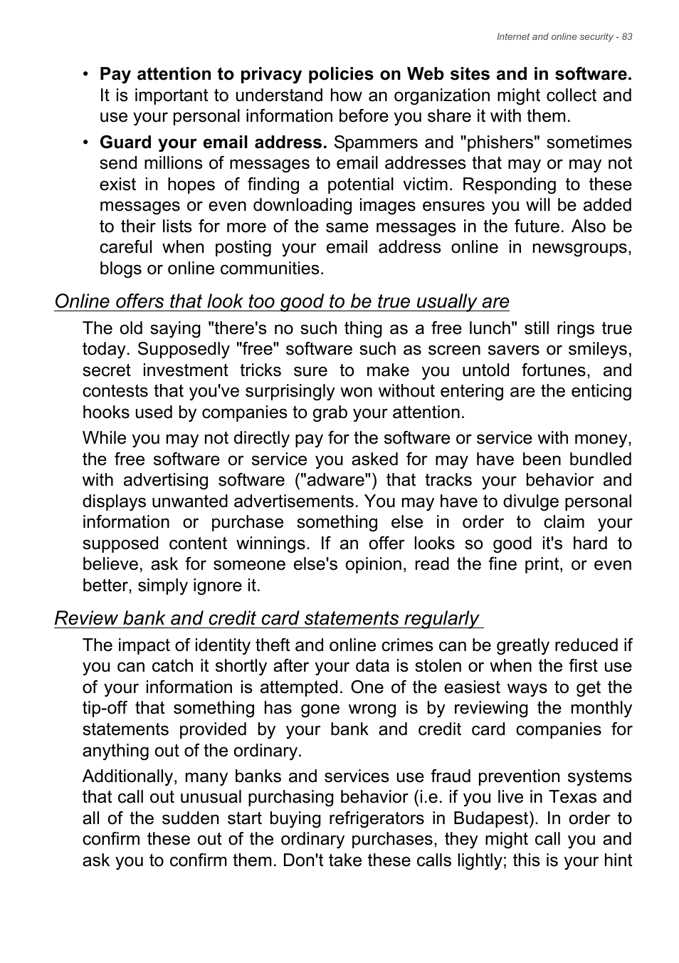 Review bank and credit card statements regularly | Acer Aspire E1-472 User Manual | Page 83 / 85