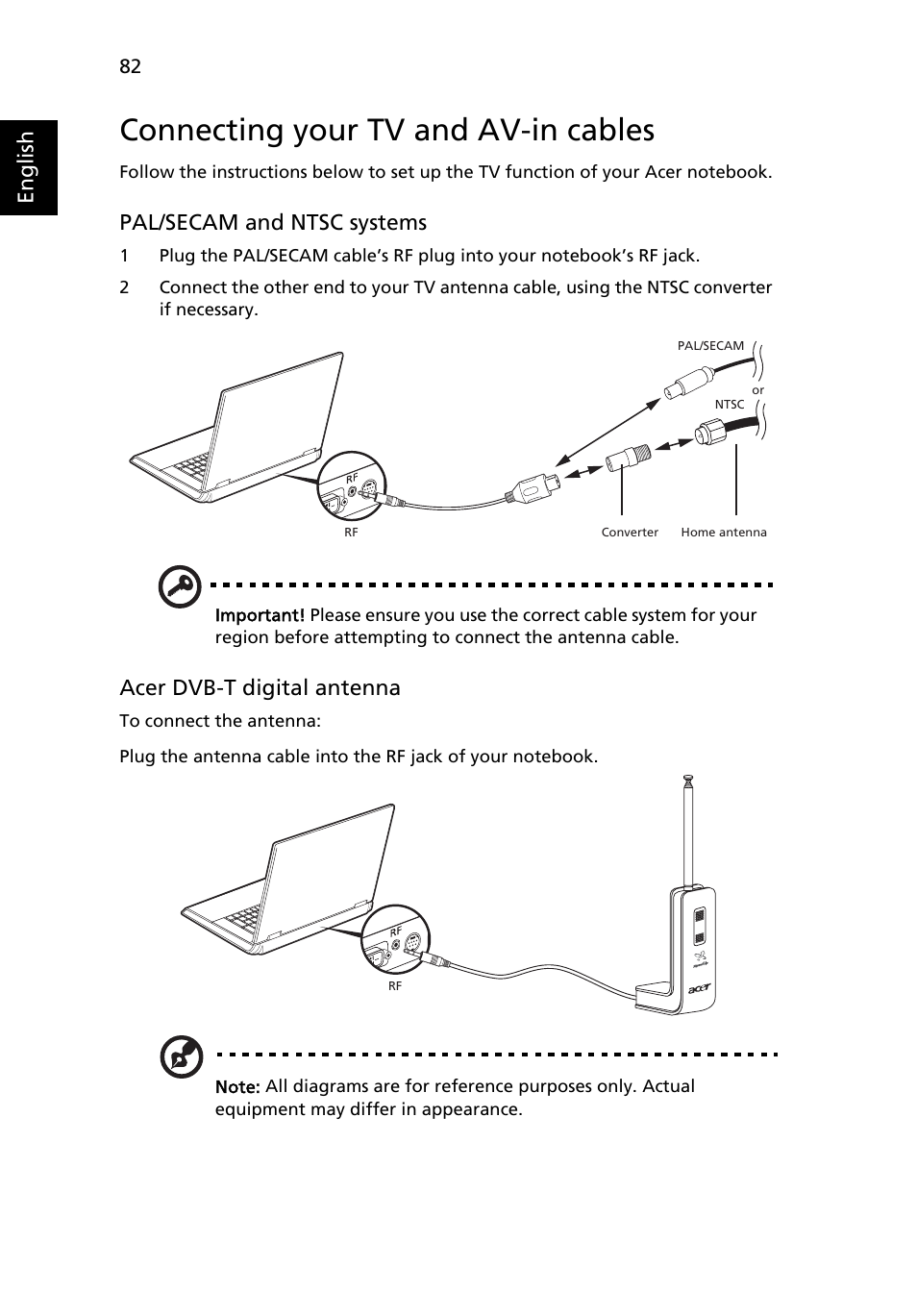 Connecting your tv and av-in cables, English, Pal/secam and ntsc systems | Acer dvb-t digital antenna | Acer Extensa 5510 User Manual | Page 100 / 123