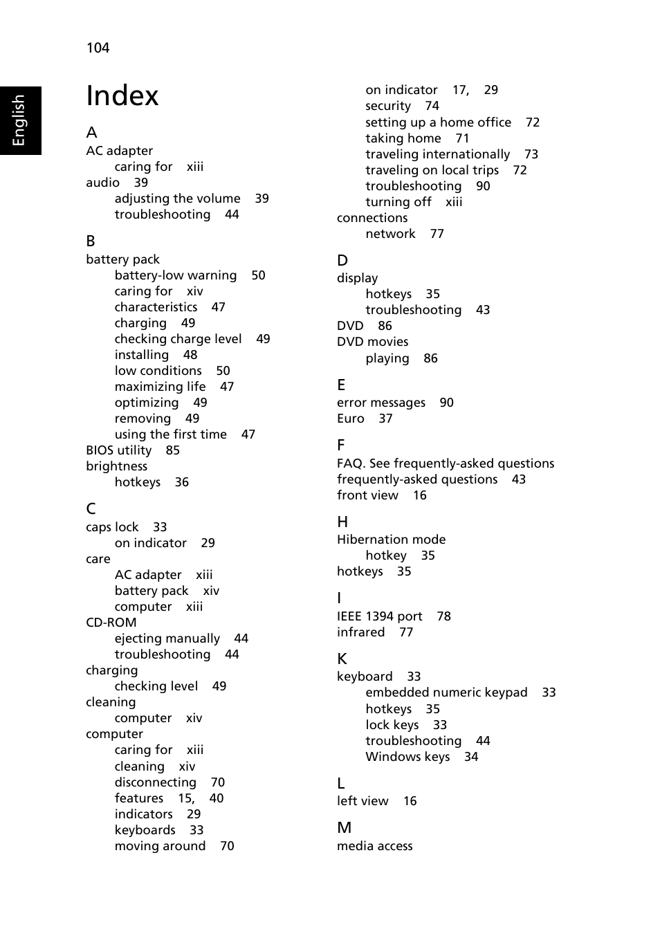 Index | Acer Extensa 5510 User Manual | Page 122 / 123