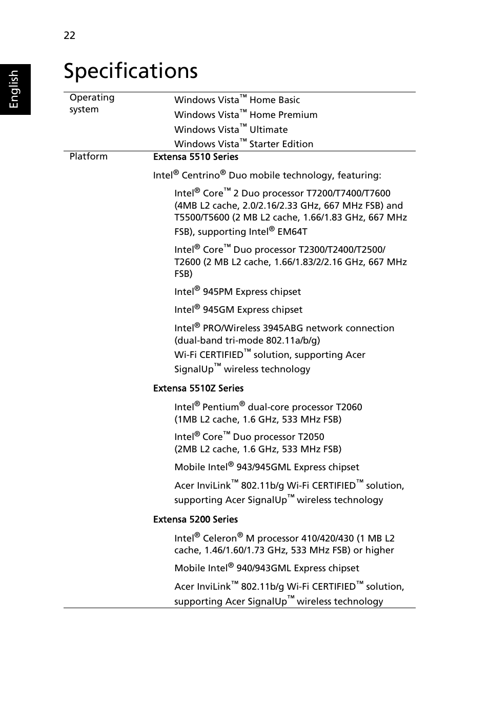 Specifications, English | Acer Extensa 5510 User Manual | Page 40 / 123