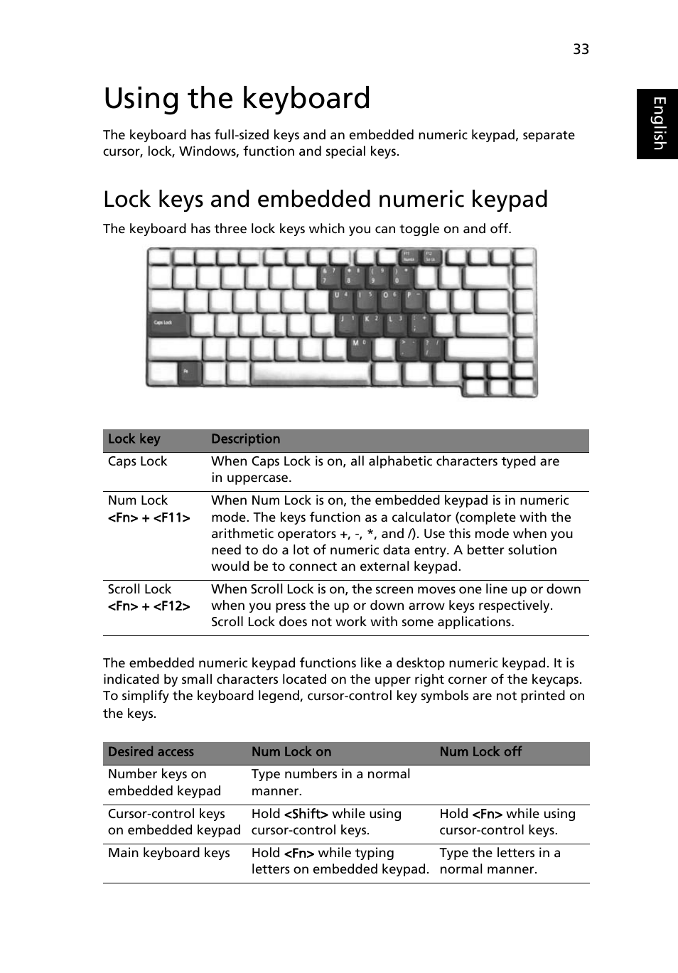 Using the keyboard, Lock keys and embedded numeric keypad | Acer Extensa 5510 User Manual | Page 51 / 123