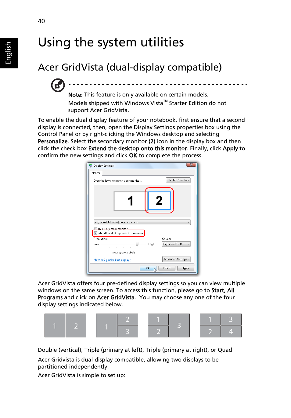 Using the system utilities, Acer gridvista (dual-display compatible) | Acer Extensa 5510 User Manual | Page 58 / 123