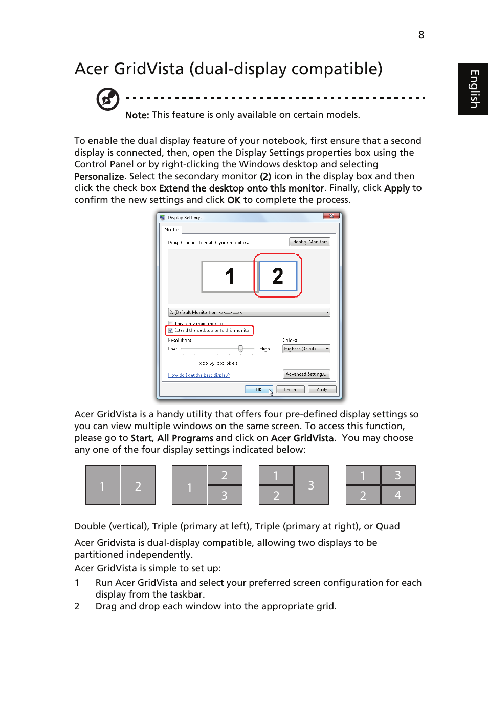 Acer gridvista (dual-display compatible) | Acer Aspire 7735ZG User Manual | Page 27 / 72