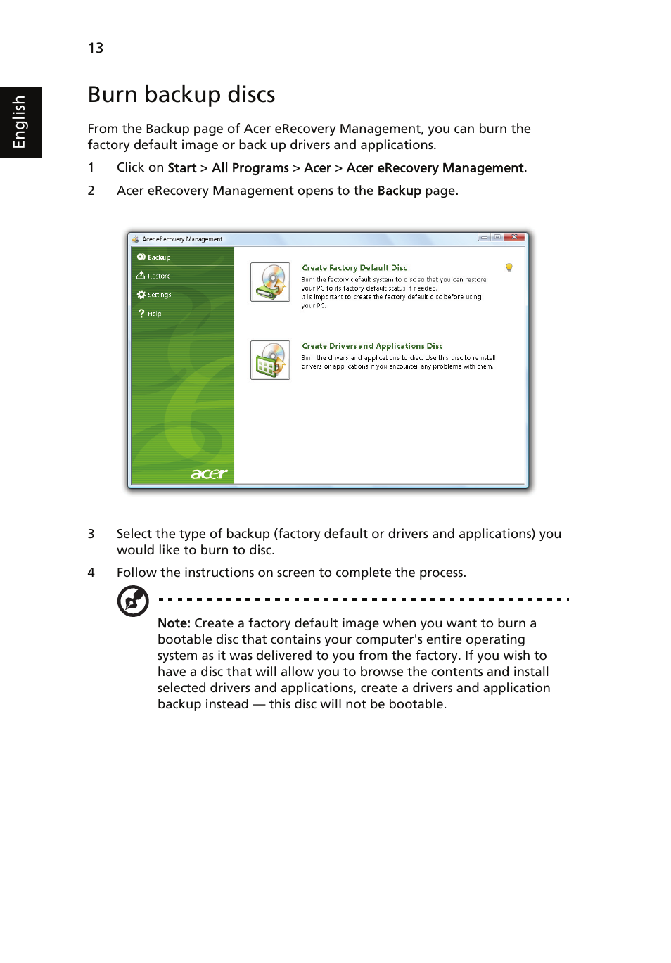 Burn backup discs | Acer Aspire 7735ZG User Manual | Page 32 / 72