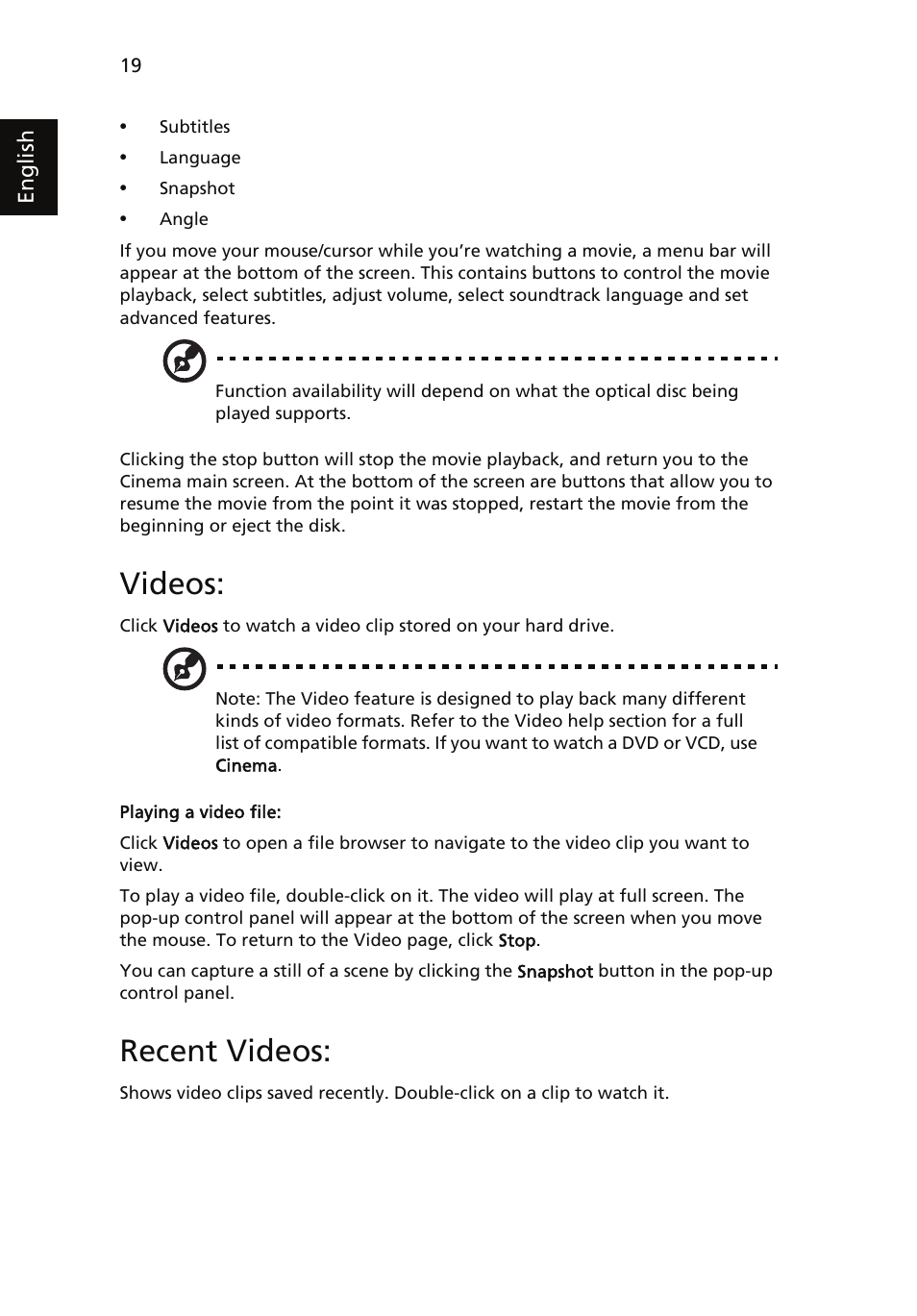 Videos, Recent videos, Playing a video file | Acer Aspire 7735ZG User Manual | Page 38 / 72