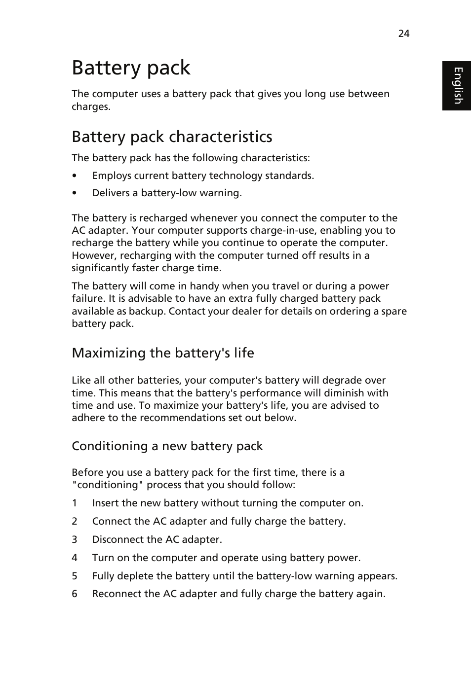 Battery pack, Battery pack characteristics, Maximizing the battery's life | Acer Aspire 7735ZG User Manual | Page 43 / 72