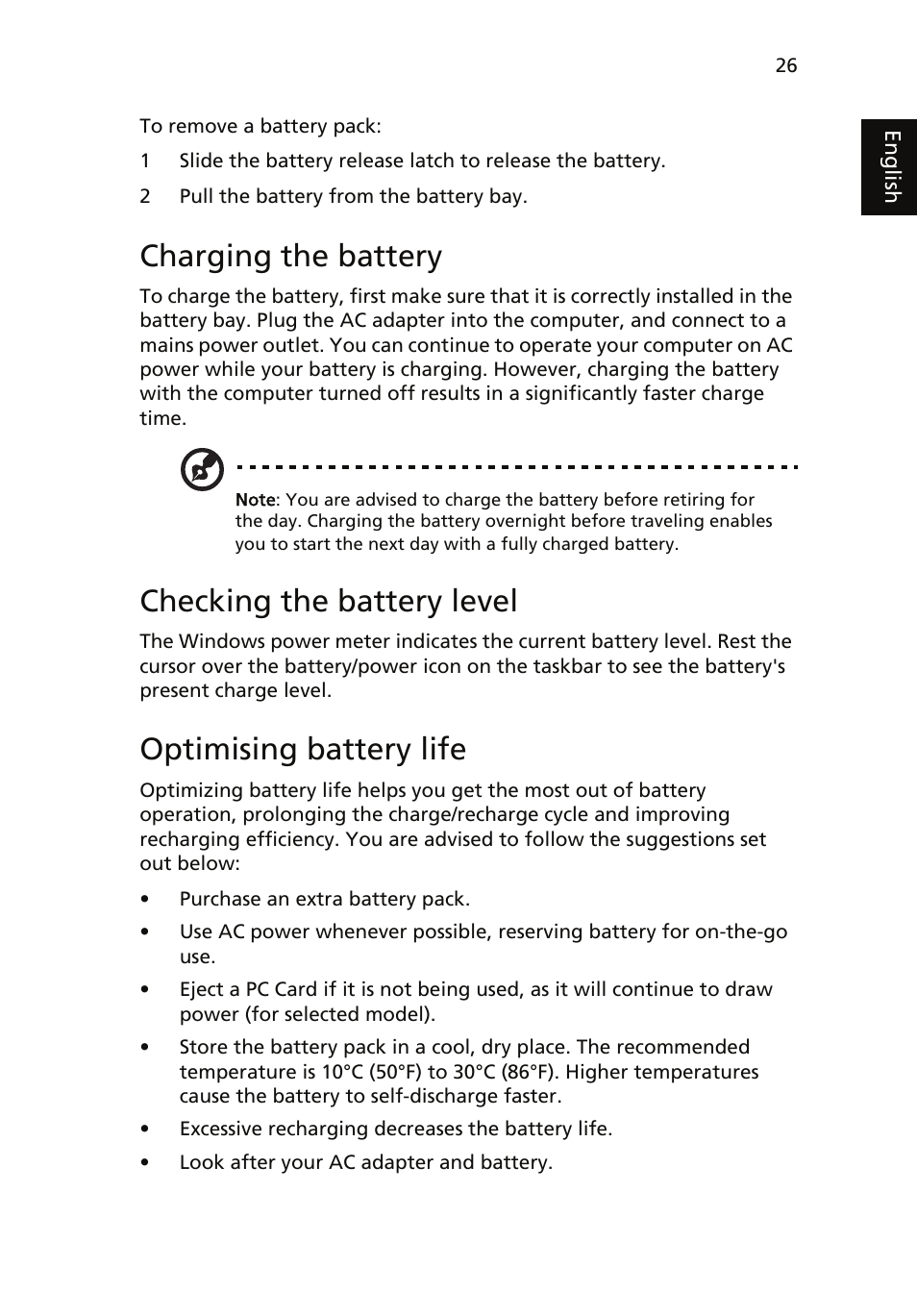 Charging the battery, Checking the battery level, Optimising battery life | Acer Aspire 7735ZG User Manual | Page 45 / 72