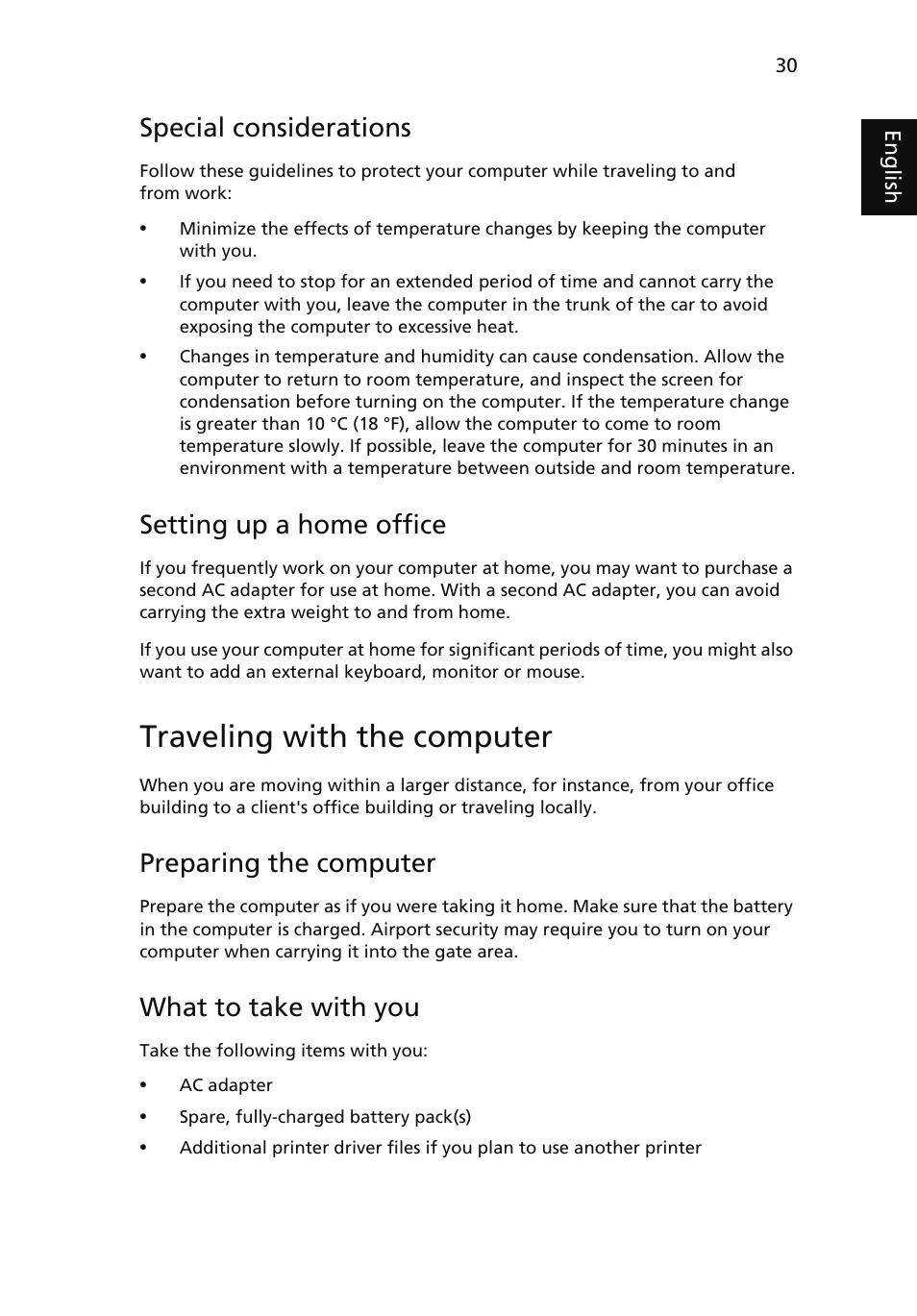 Traveling with the computer, Special considerations, Setting up a home office | Preparing the computer, What to take with you | Acer Aspire 7735ZG User Manual | Page 49 / 72