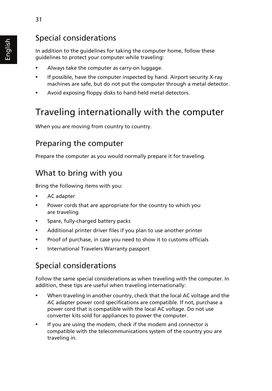 Traveling internationally with the computer, Special considerations, Preparing the computer | What to bring with you | Acer Aspire 7735ZG User Manual | Page 50 / 72