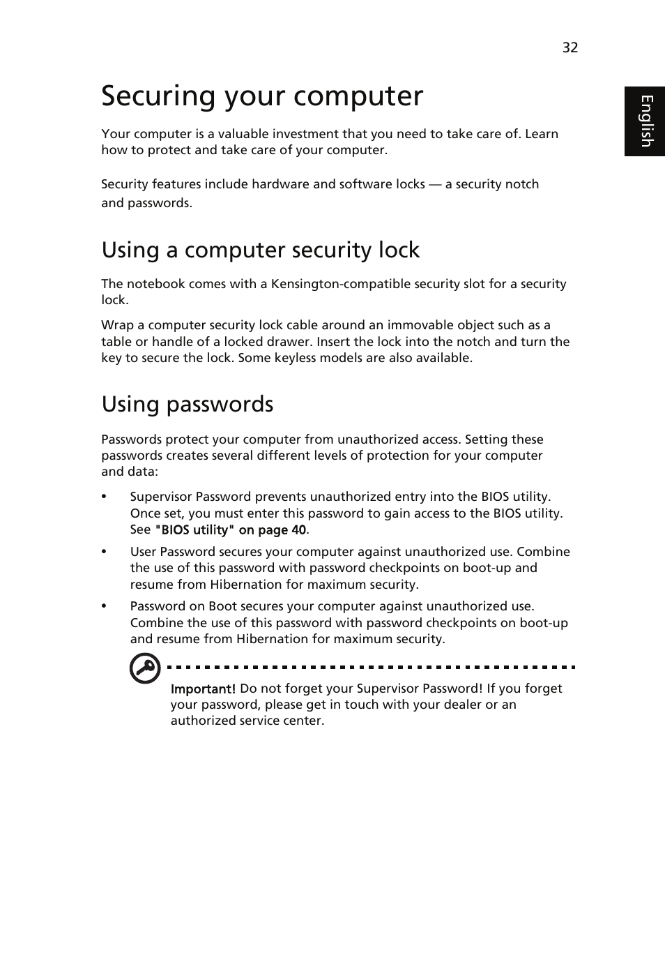 Securing your computer, Using a computer security lock, Using passwords | Acer Aspire 7735ZG User Manual | Page 51 / 72