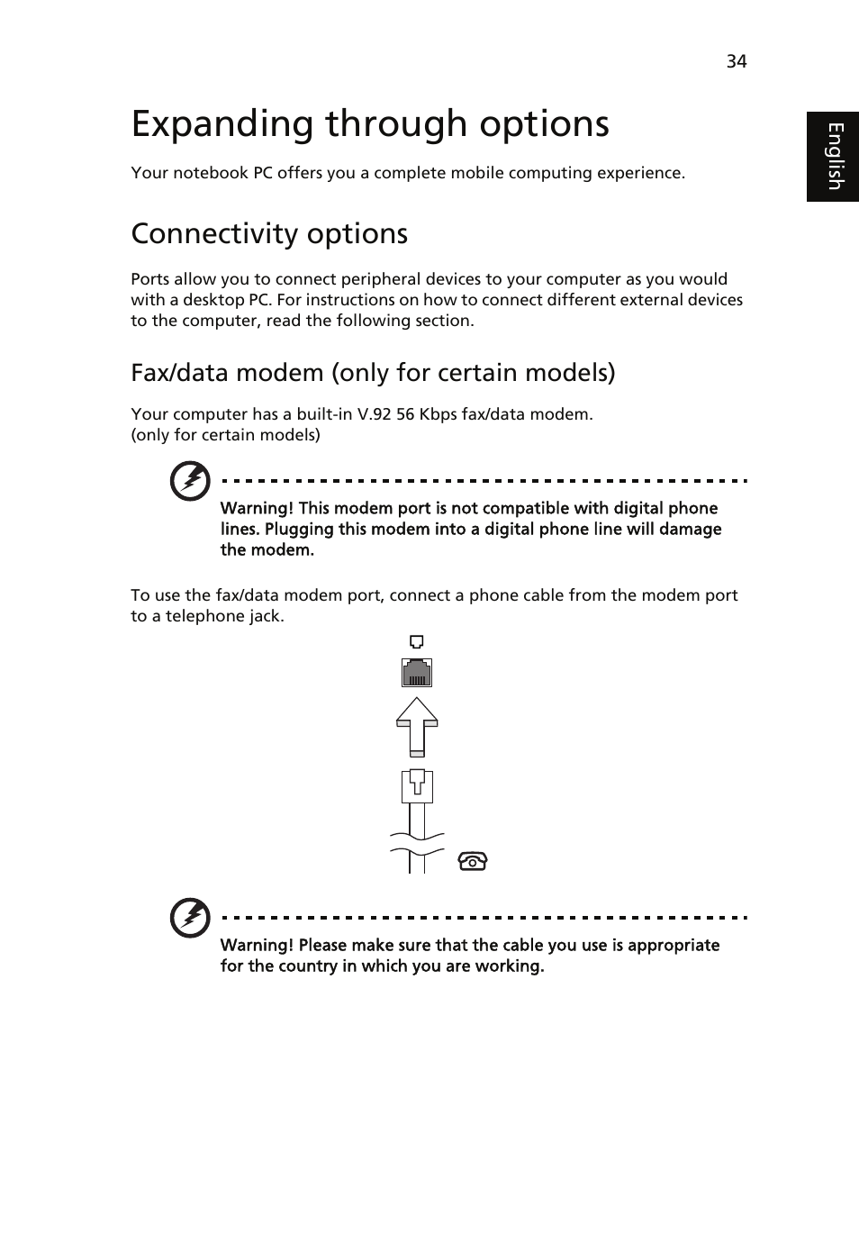 Expanding through options, Connectivity options, Fax/data modem (only for certain models) | Acer Aspire 7735ZG User Manual | Page 53 / 72