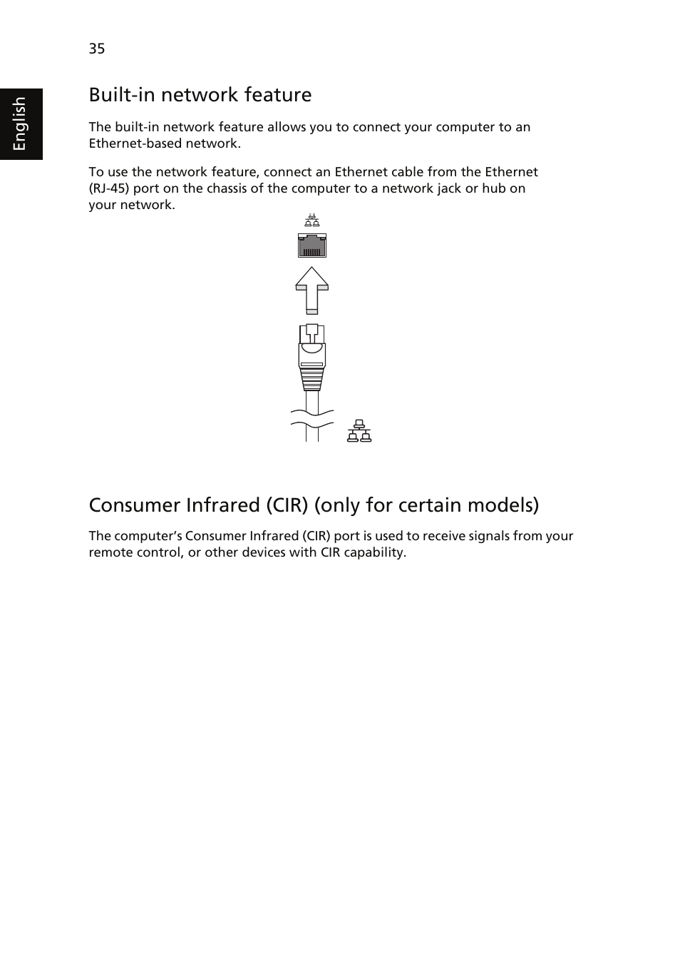 Built-in network feature, Consumer infrared (cir) (only for certain models) | Acer Aspire 7735ZG User Manual | Page 54 / 72