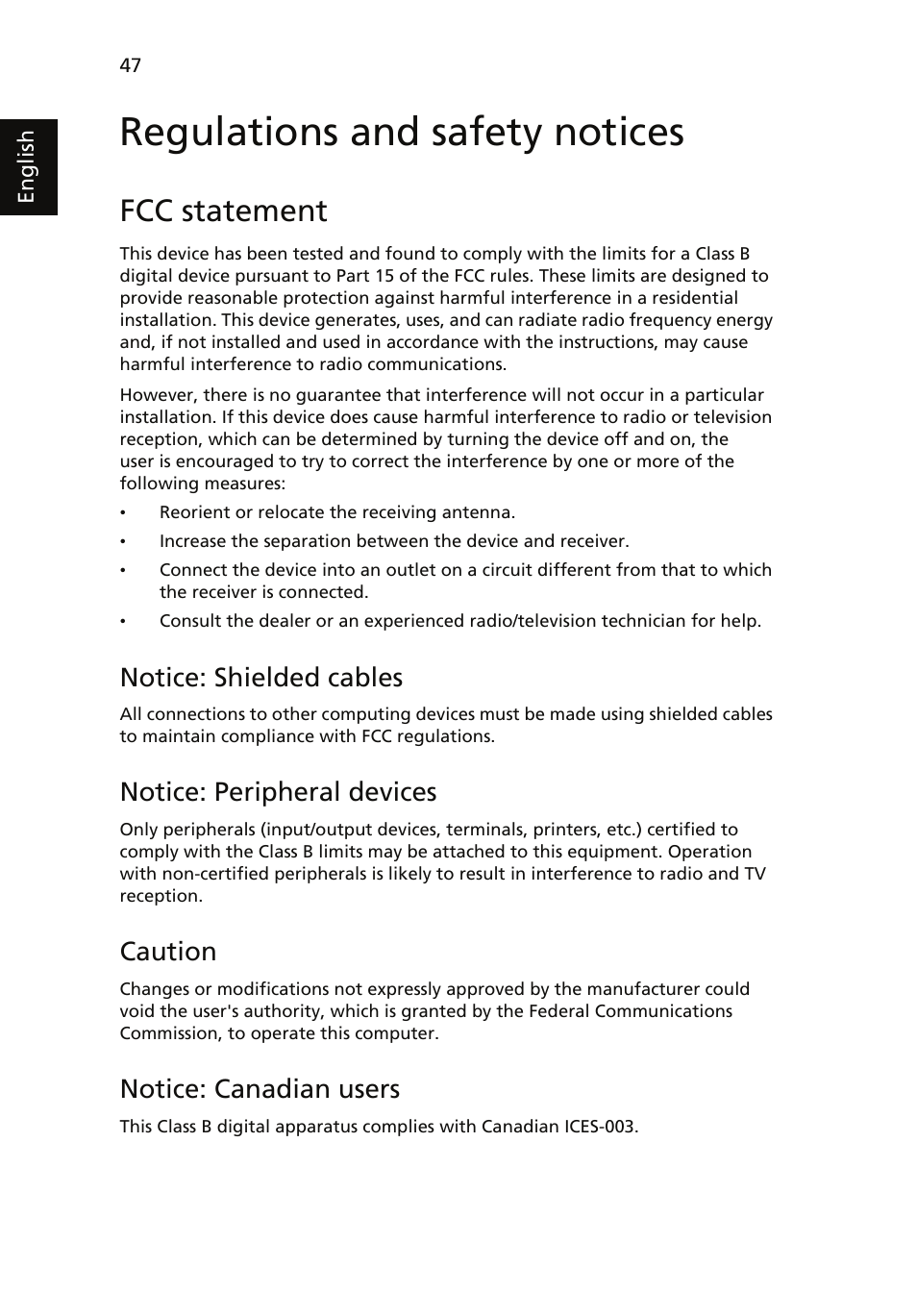 Regulations and safety notices, Fcc statement, Notice: shielded cables | Notice: peripheral devices, Caution, Notice: canadian users | Acer Aspire 7735ZG User Manual | Page 66 / 72