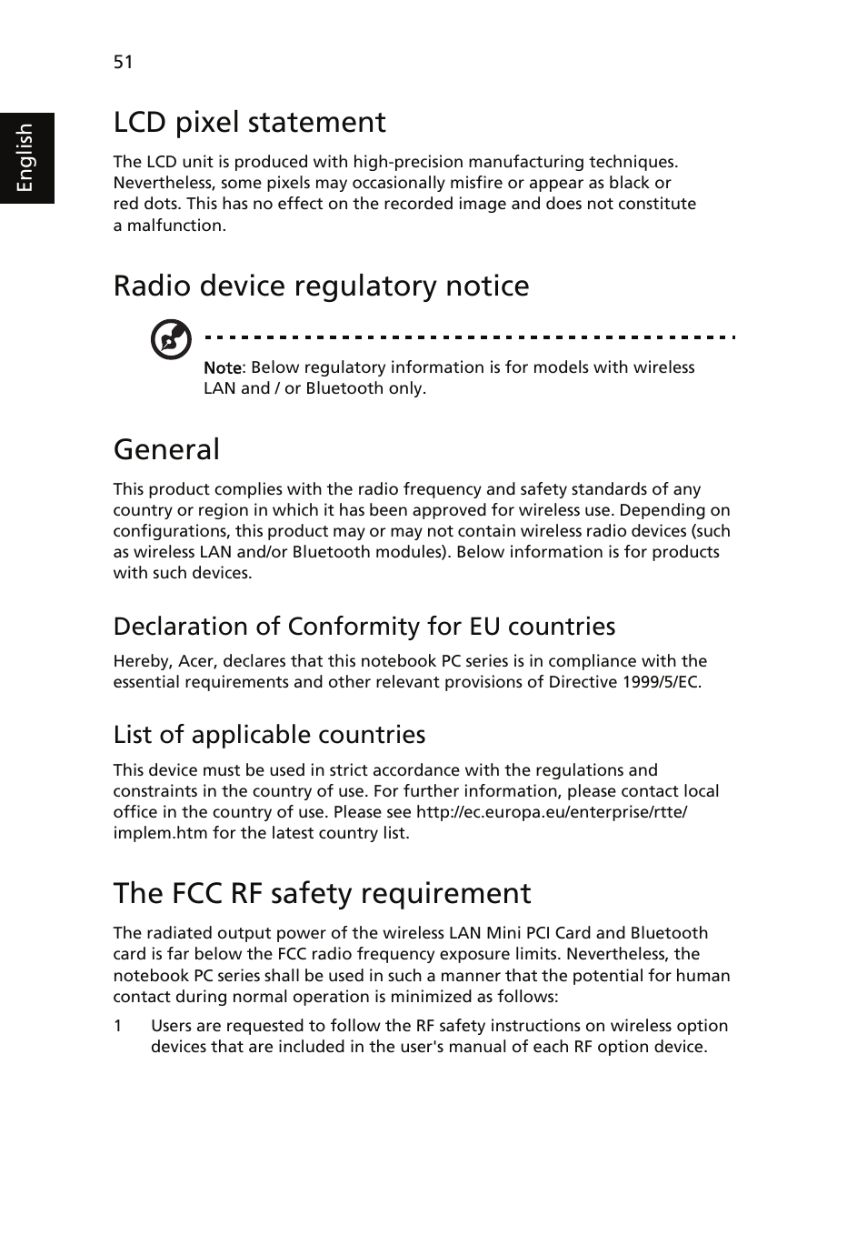 Lcd pixel statement, Radio device regulatory notice, General | The fcc rf safety requirement, Declaration of conformity for eu countries, List of applicable countries | Acer Aspire 7735ZG User Manual | Page 70 / 72