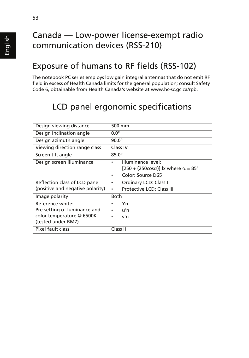 Exposure of humans to rf fields (rss-102), Lcd panel ergonomic specifications | Acer Aspire 7735ZG User Manual | Page 72 / 72