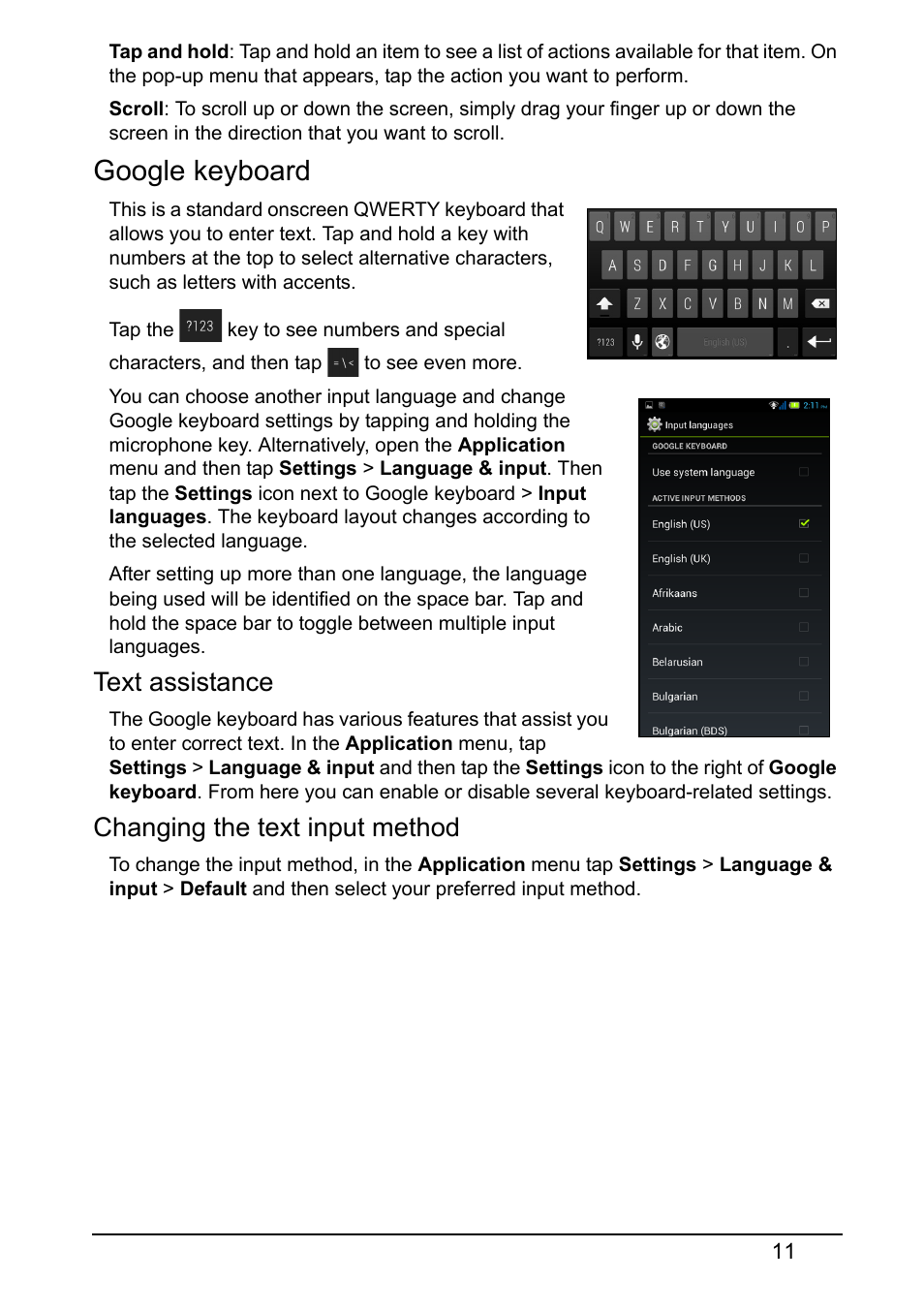 Google keyboard, Text assistance, Changing the text input method | Acer E380 User Manual | Page 11 / 58