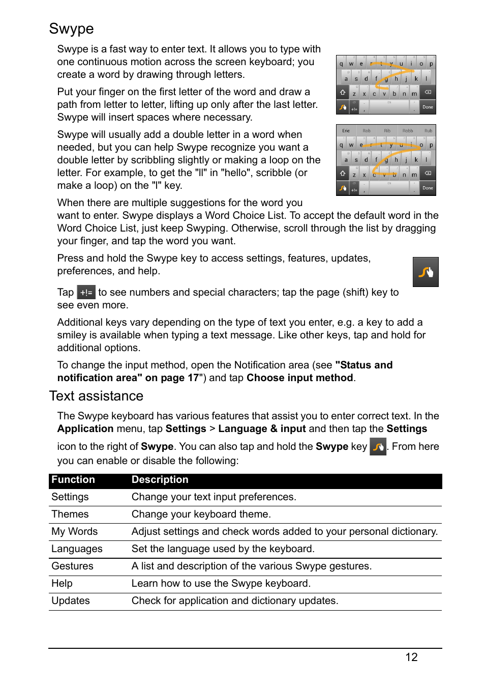 Swype, Text assistance | Acer E380 User Manual | Page 12 / 58