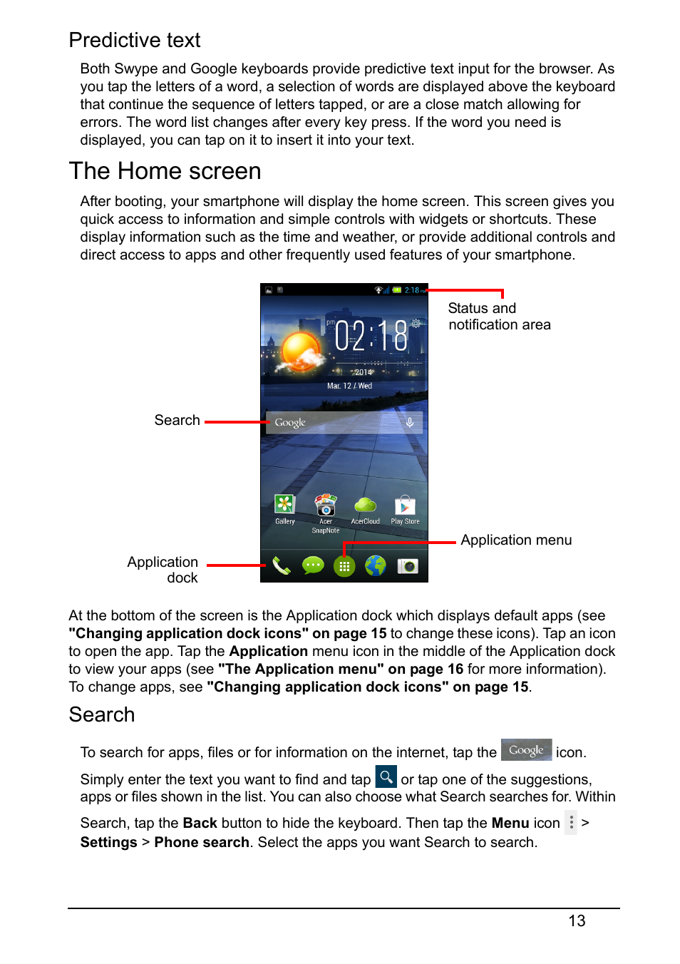 Predictive text, The home screen, Search | Acer E380 User Manual | Page 13 / 58