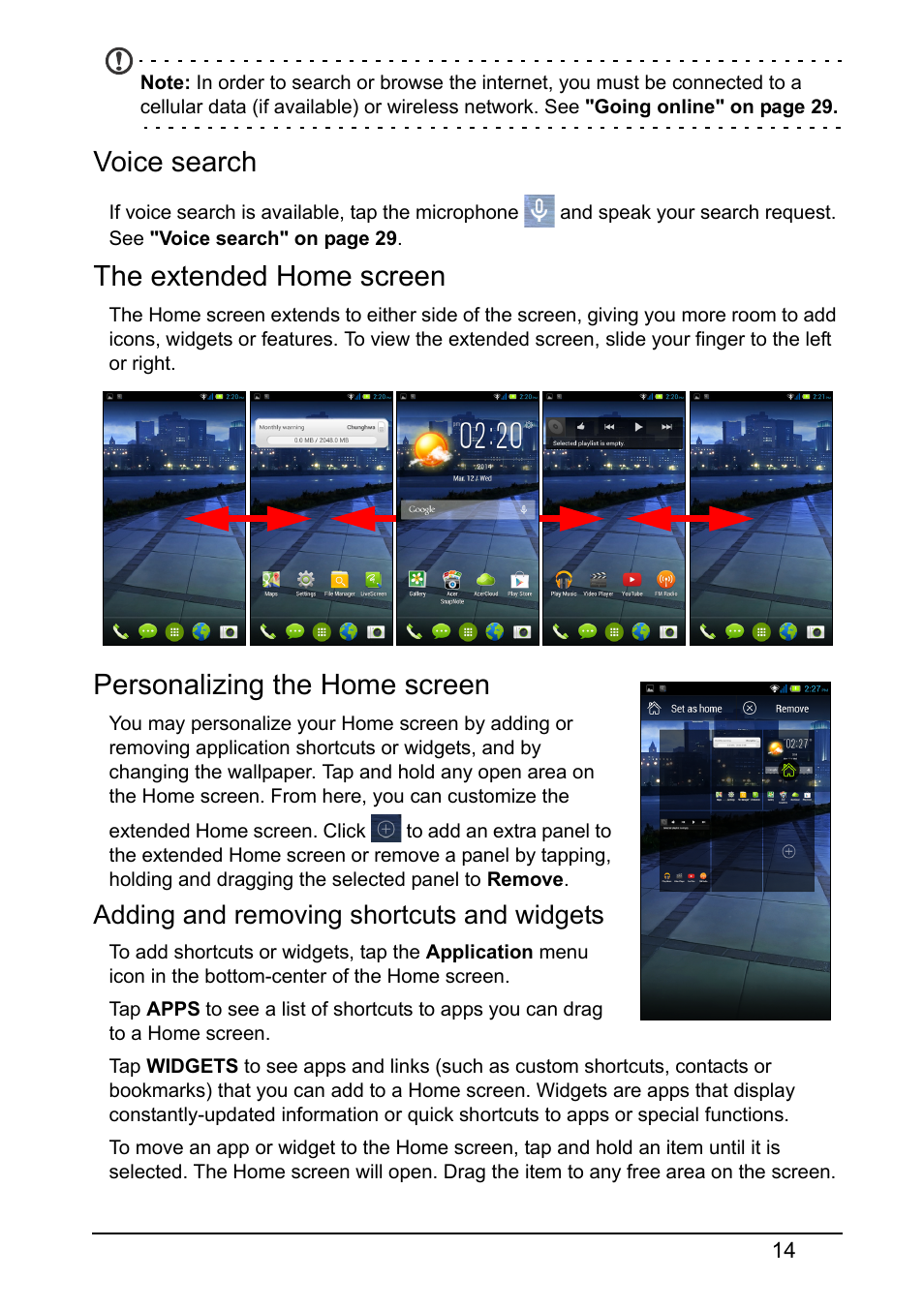 Voice search, The extended home screen, Personalizing the home screen | Adding and removing shortcuts and widgets | Acer E380 User Manual | Page 14 / 58